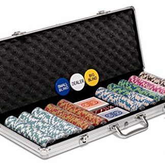 Poker Night Pro 500 Piece Texas Holdem Poker Chips Set With LARGE Aluminium Case QUALITY Clay/Metal 14g Numbered Chips, 2 Decks Professional PLASTIC Playing Cards, Dealer/Blind Buttons and 5 Dice