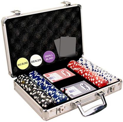 Da Vinci 200 Dice Striped 11.5 gram Poker Chip Set with Aluminum Case Dealer Button 2 Decks of Cards and 5 Dice