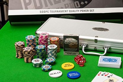 Poker Night Pro 500 Piece Texas Holdem Poker Chips Set With LARGE Aluminium Case QUALITY Clay/Metal 14g Numbered Chips, 2 Decks Professional PLASTIC Playing Cards, Dealer/Blind Buttons and 5 Dice - Image 4