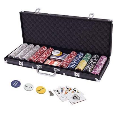 Display4top 500 Piece Texas Holdem Poker Chips Set with Aluminum Case ,2 Decks of Cards, Dealer, Small Blind, Big Blind Buttons and 5 Dice (500 Piece Chips)